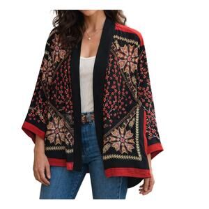 Boho Kimono Jacket SZ Med‎ Mandala Print Open Front Artsy Festival Layering Top